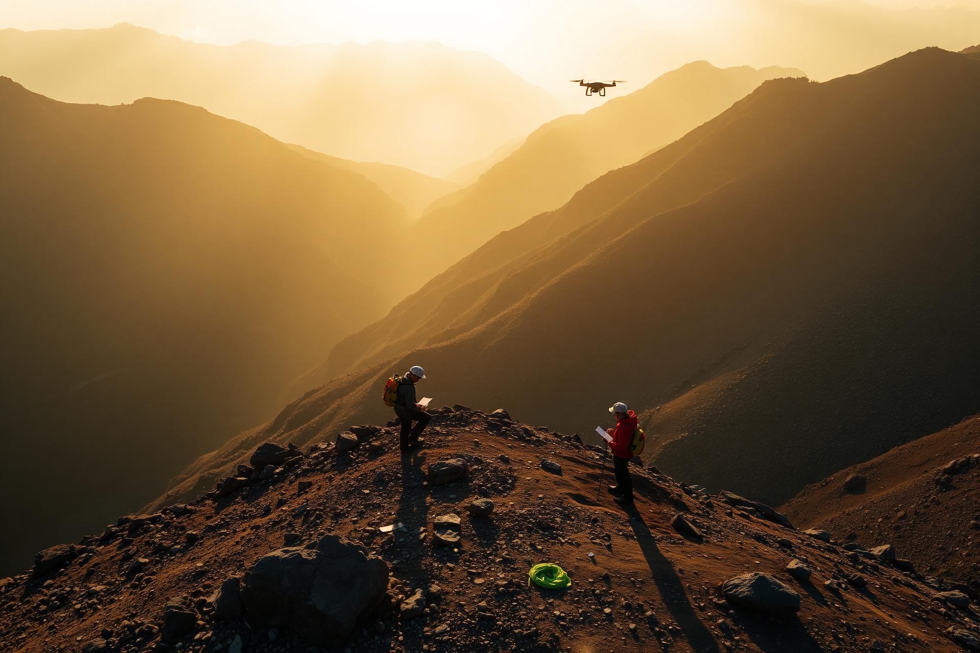 Aerial view of geologists conducting an exploration survey with a drone at sunset